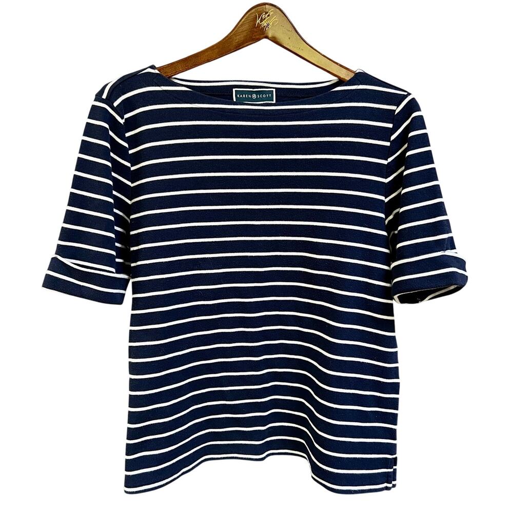 Karen Scott Nautical Classic Blue/White Striped Boat Neck Knit Sweater Top XL